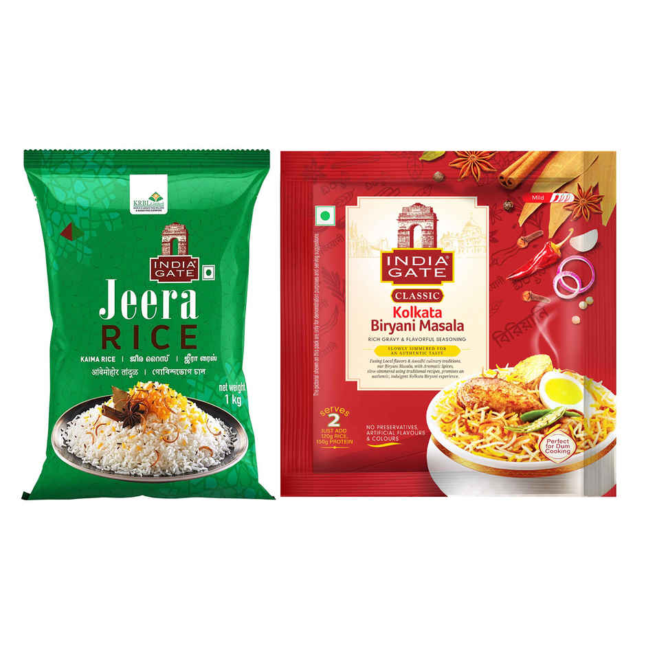 India Gate Jeera Rice | Short Grain (1kg) & India Gate Kolkata Classic Biryani Masala 70 Gram (70g) Combo
