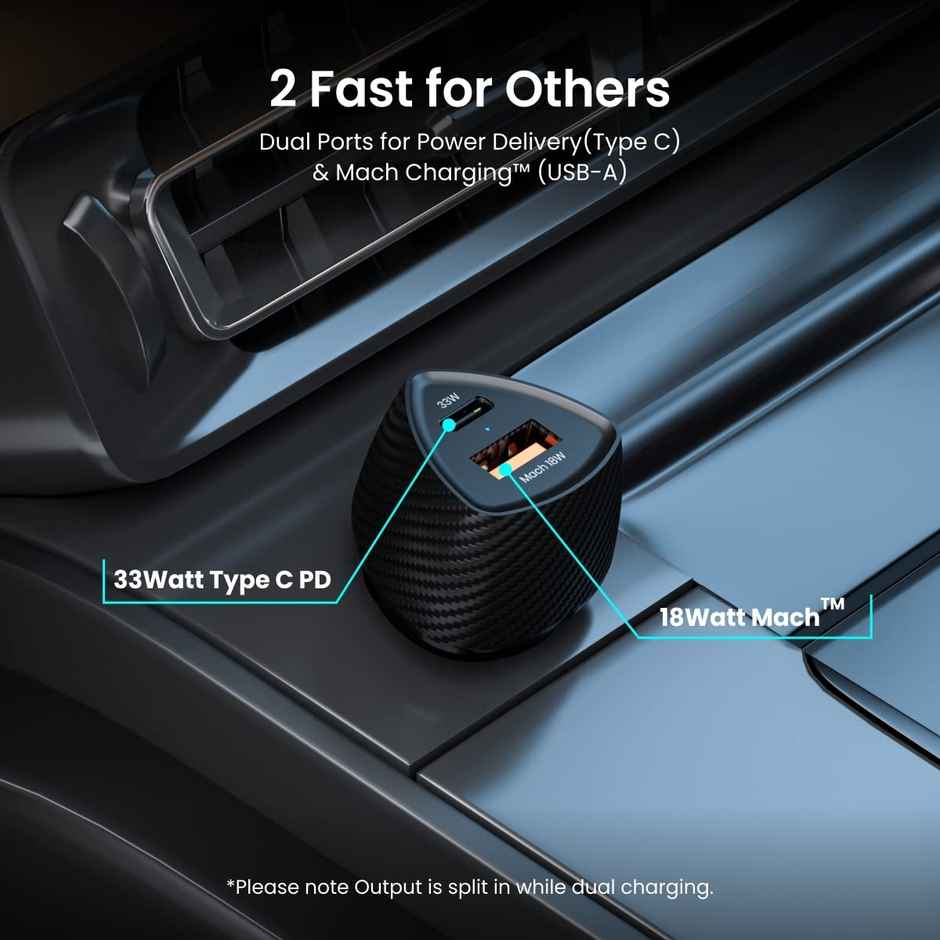 Portronics 51W Car Power 16 Fast Car Charger with Dual Output, 51 Watts Total (18W USB + 33W Type C PD), Fast Charging, Adapter for iPhone & Android Smartphones and Tablets - Black