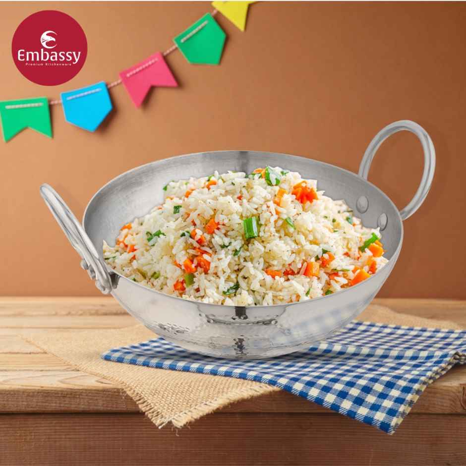 Embassy Premium Deep Hammered Kadhai, Heavy-Weight, Size 22-1800 ml, Induction-Safe Stainless Steel