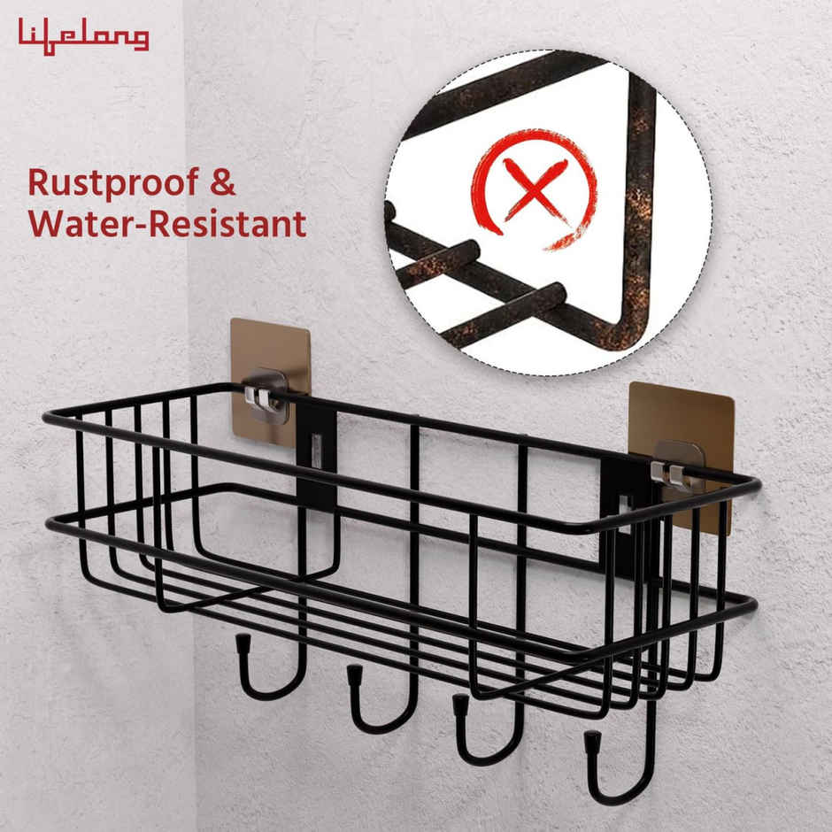 Lifelong Bathroom Shelf For Storage - Wall Mounted Washroom Rack Towel Holder Pack Of 2 - Black