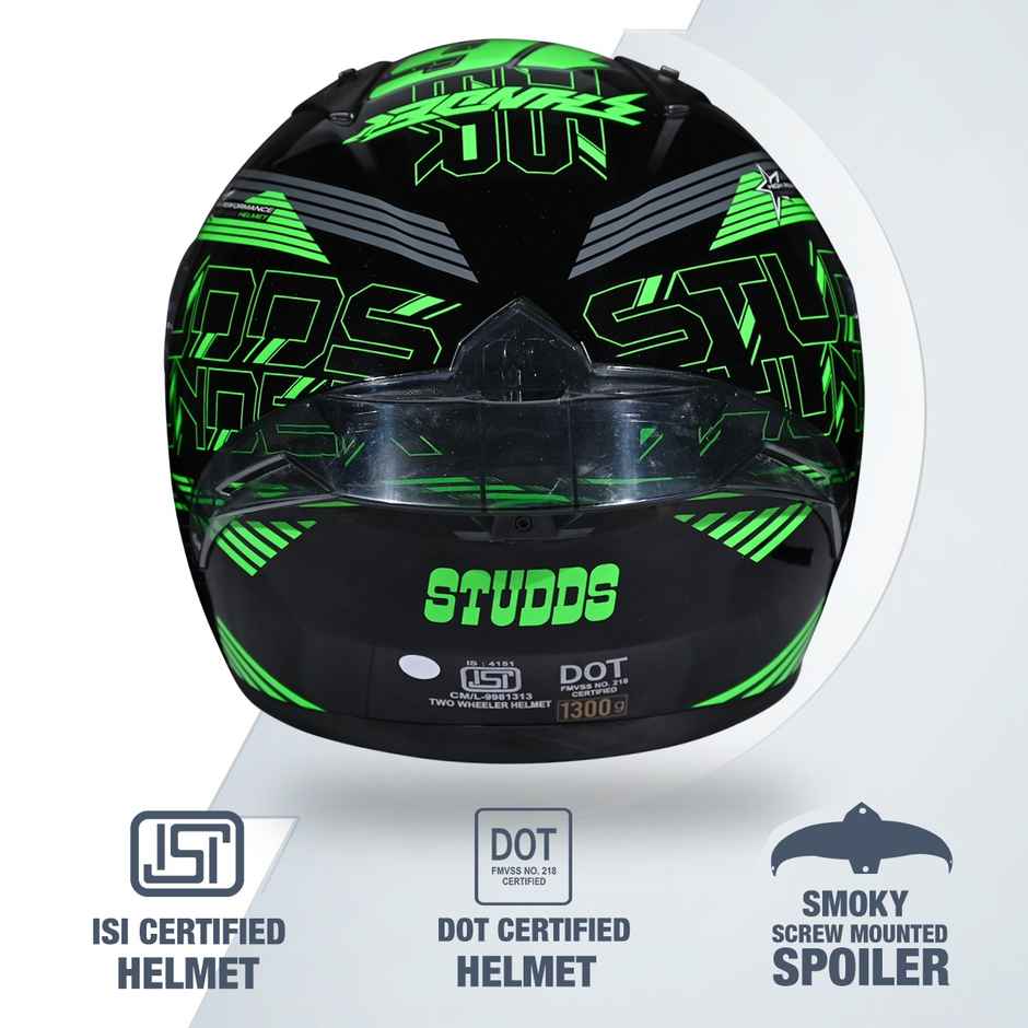 Studds Thunder D11 Full Face Helmet with Spoiler |Black Green - XL