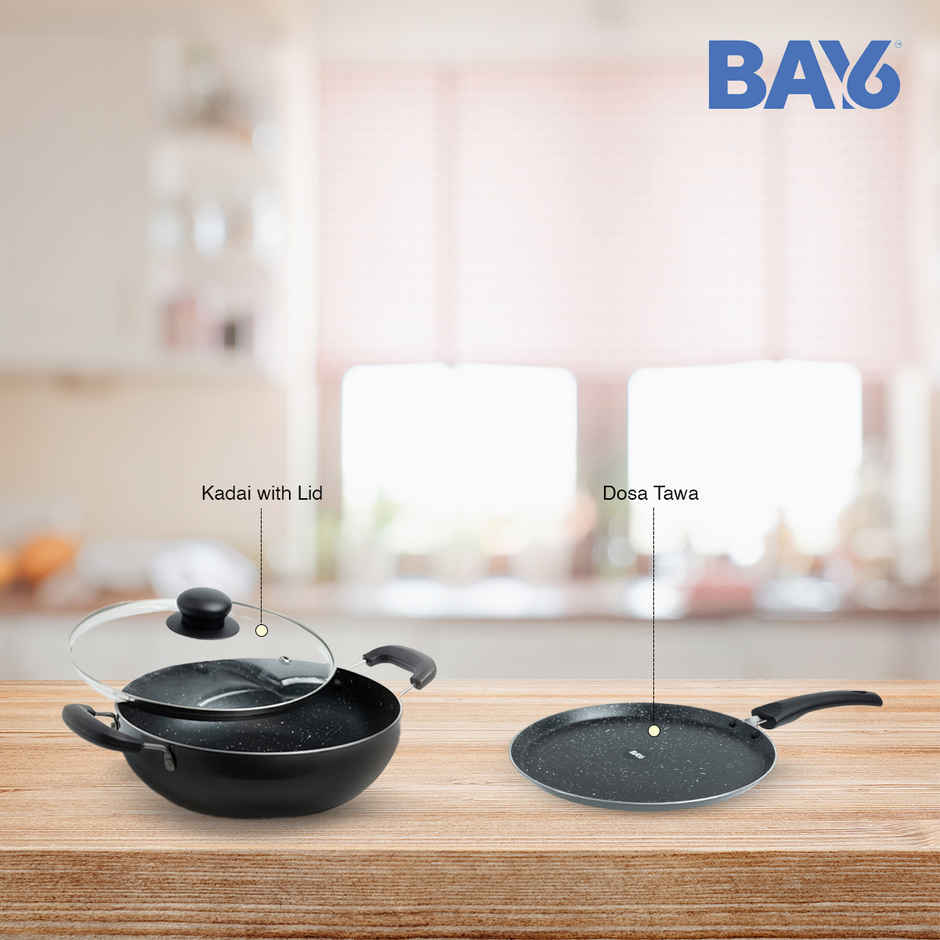BAY6 Nonstick Cookware Set - (Dosa Tawa 26 cm + Kadai with Lid 22 cm) - Grey - (2pc)