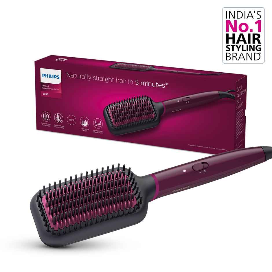 Philips India's No.1 Hair Styling Brand -Hair Straightener Brush|5X less Frizz - 5 mins,BHH730 Wine