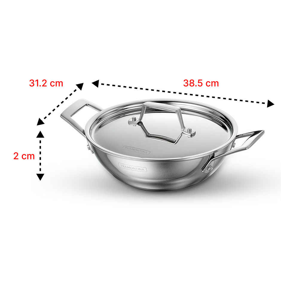 Tramontina Aeion Triply 20cm/1.7L Kadai with SS 304 Lid | Healthy Non Toxic | Kadhai for Curry | Deep Fry | StirFry Cooking | Induction Friendly | Stay Cool Handle | NSF Certified | 10 Year Warranty