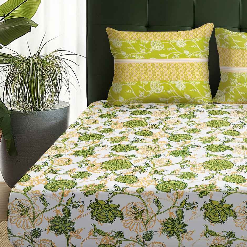 Story@home 144 TC Cotton Double Printed Flat Bedsheet (Green)