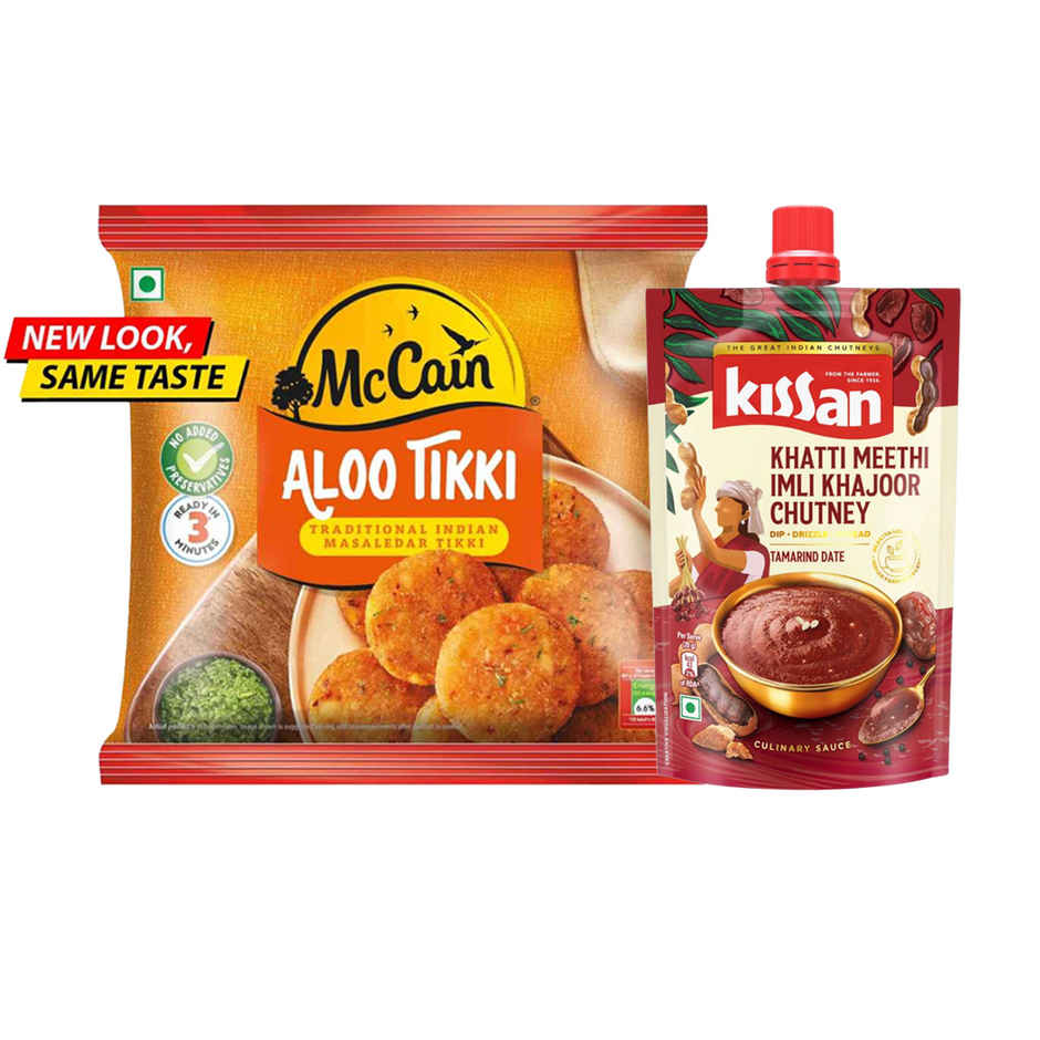 Mccain Aloo Tikki | Frozen Ready To Cook Potato Snack (400g) & Kissan Khatti Meethi Imli Khajoor Chutney Doy (100g) Combo