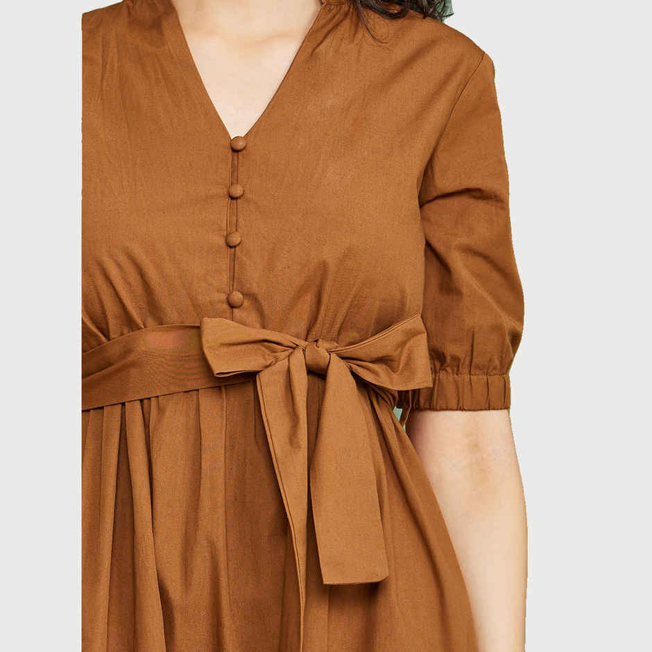 Styli Women's Maxi Dress with Button Detail and Self Tie | Brown - S