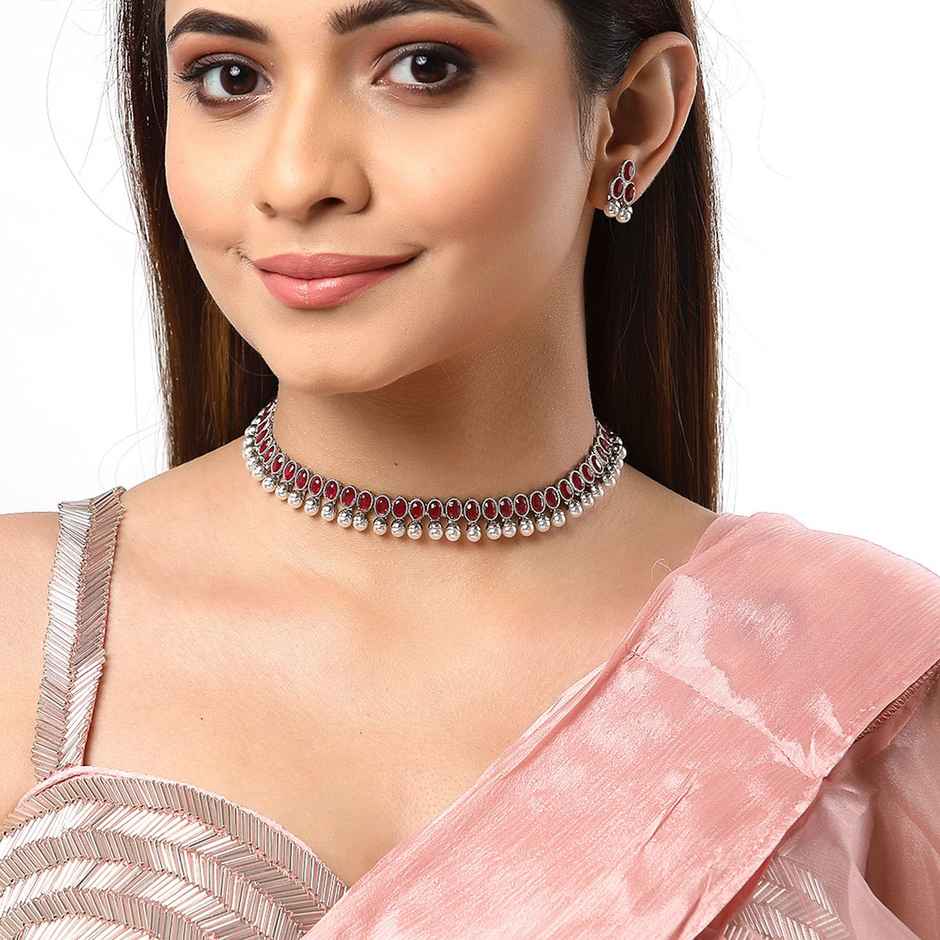 Zeneme Oxidised Silver Traditional Red CZ Necklace With Earrings Jewellery For Women & Girls