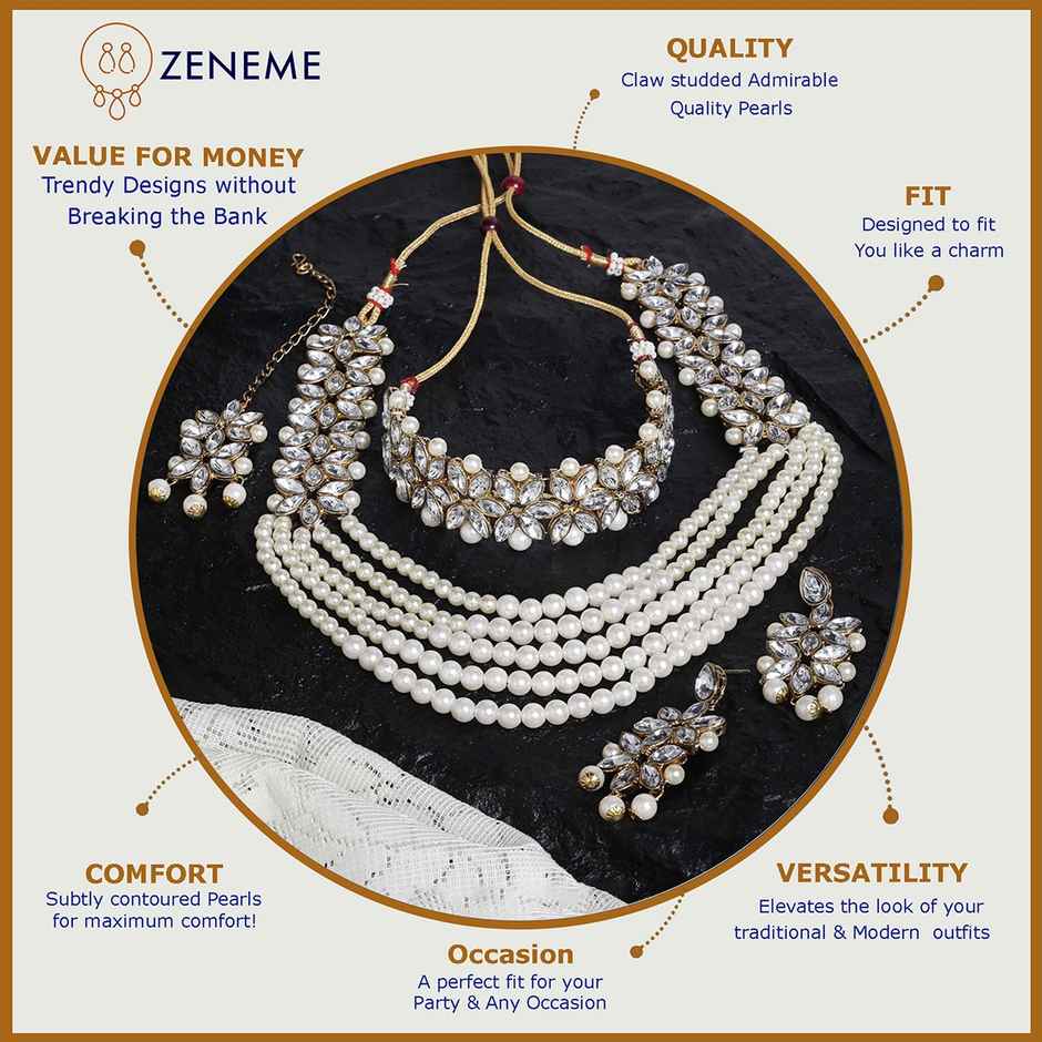 Zeneme Bridal Long Necklace Set Neck Choker with Earrings and Maang Tikka For Women & Girls