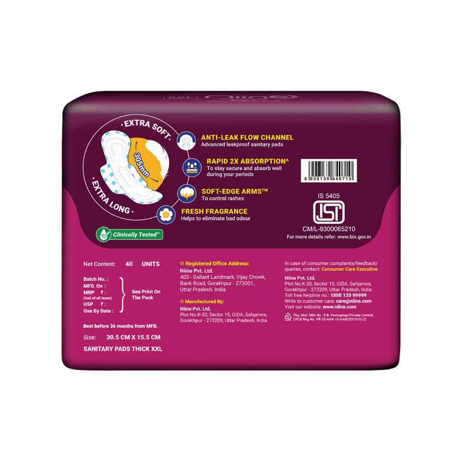 Niine Naturally Soft Day & Night Sanitary Pads | 305 mm | XXL | 40 Pads