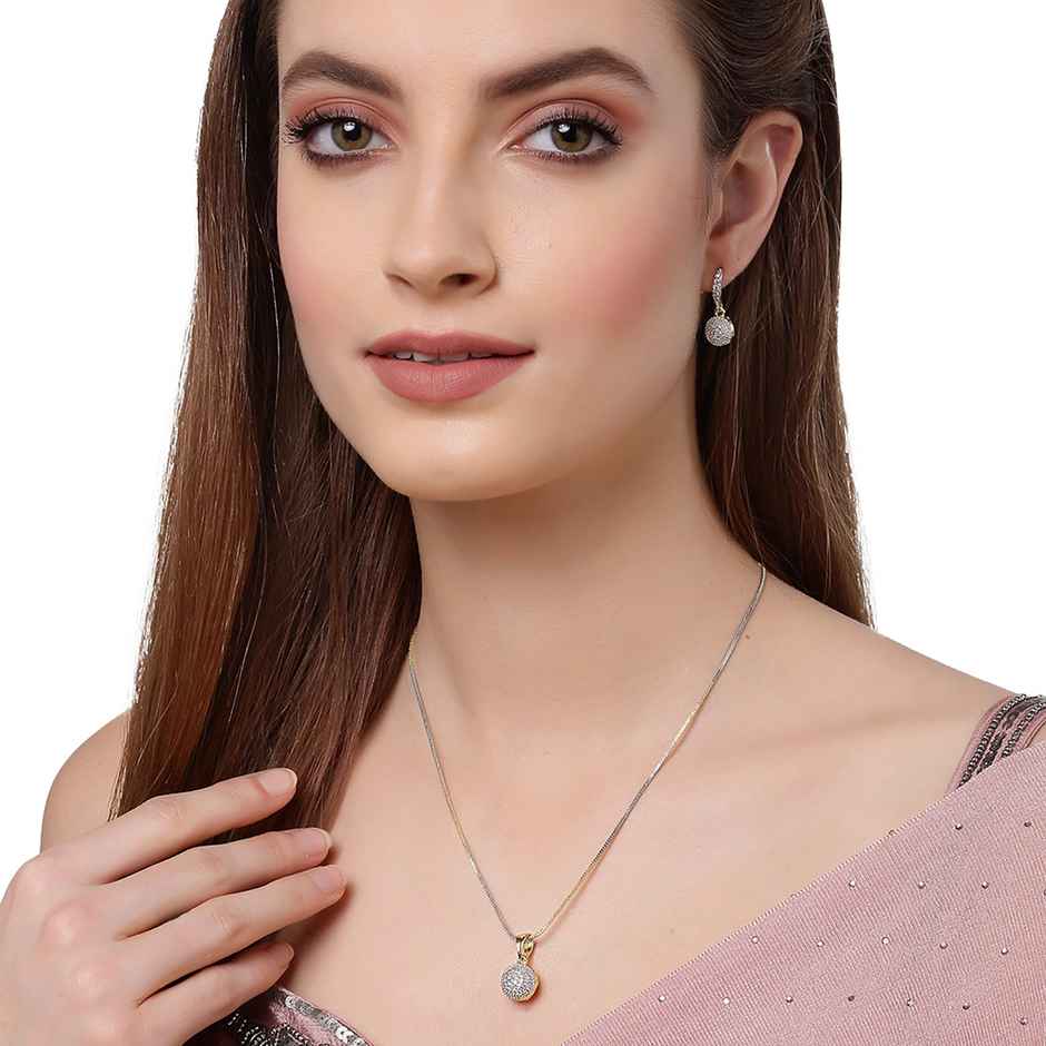 Zeneme Gold Plated Round American Diamond Studded Pendant with Chain and Earring For Women & Girls