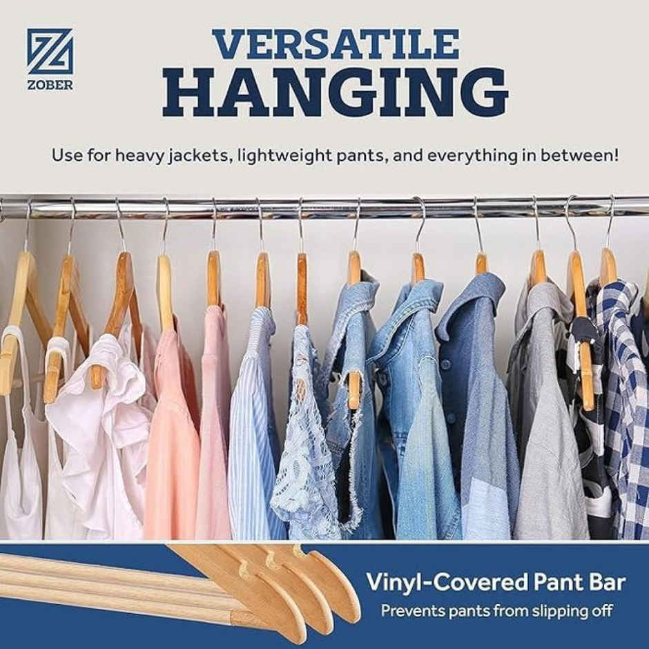 Zober Wooden Suit Hangers Pack-10 With Non Slip Pants Bar | 360 Swivel Hook