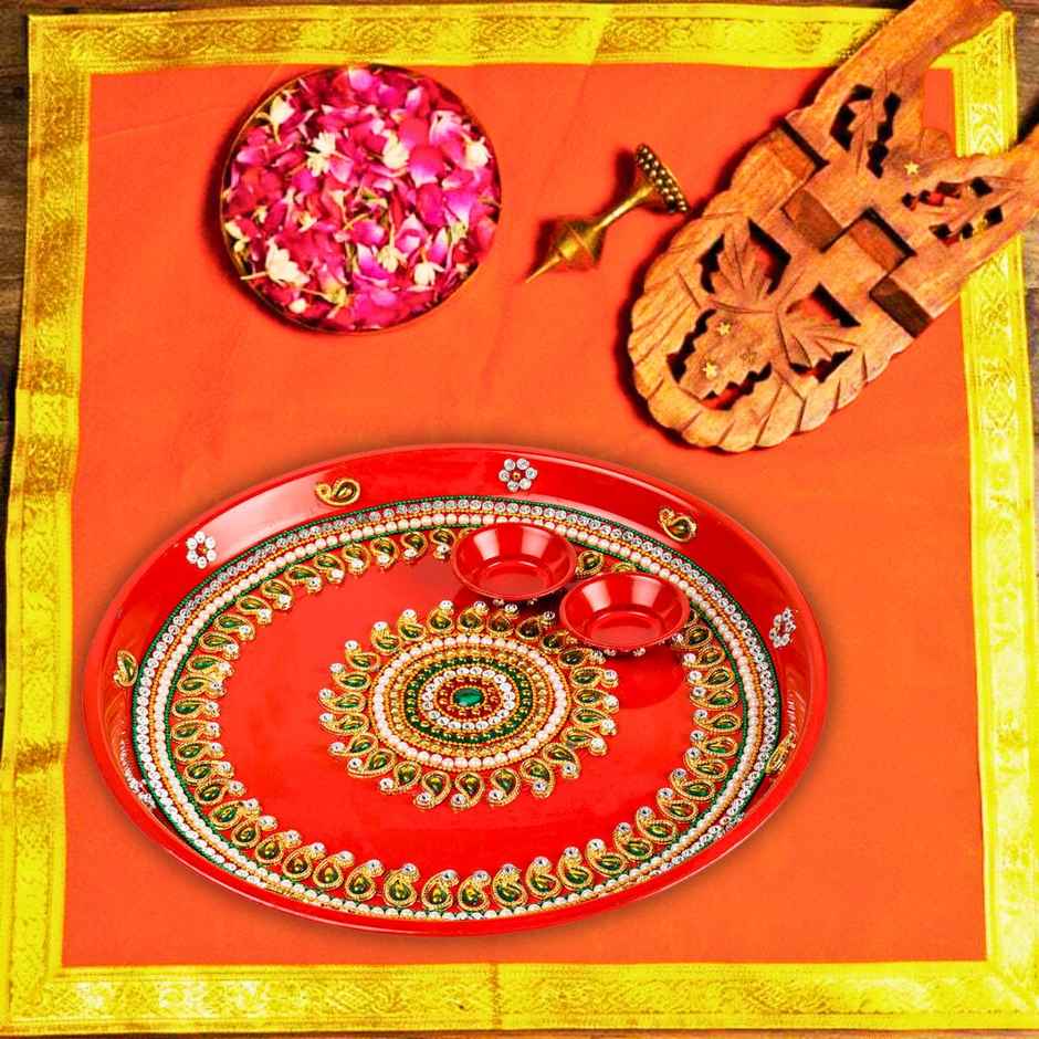 Decorative Red Pooja Thali | Beaded Work | 11 inch | Pichai
