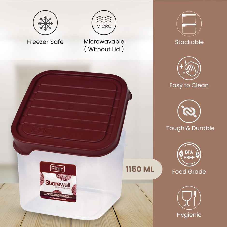 Flair Plastic Storewell Square Food Storage Containers 1150Ml - Set Of 3, (Maroon), Food Grade