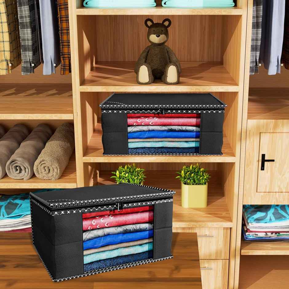 Kuber Industries Pack of 3 Foldable Saree Covers With Zip & Transparent Window Keep (Black)