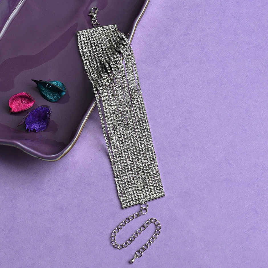 Sohi Silver-Toned Stone Studded Wraparound Bracelet For Women's