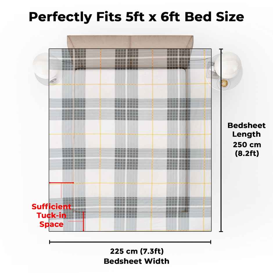 Story@home 144 TC Cotton Double Printed Flat Bedsheet (White, Grey)