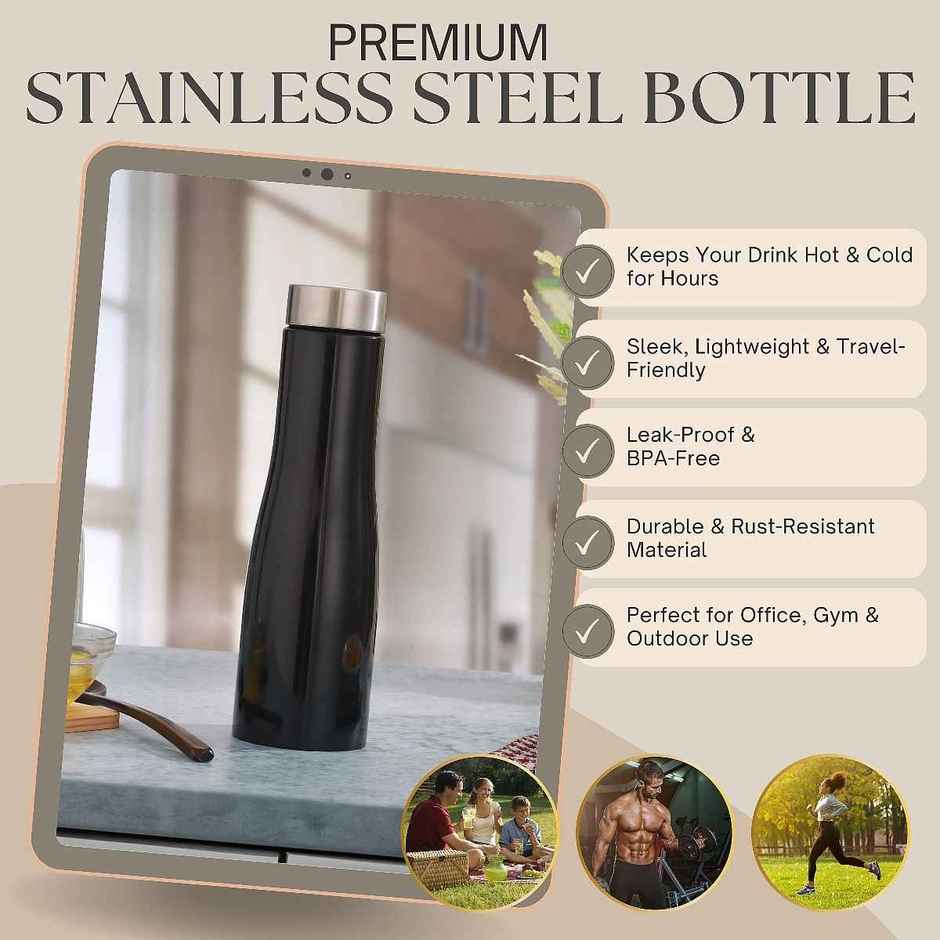 Jensons Stainless Steel Flora Water Bottle 1 Litre | Leak Proof | Black