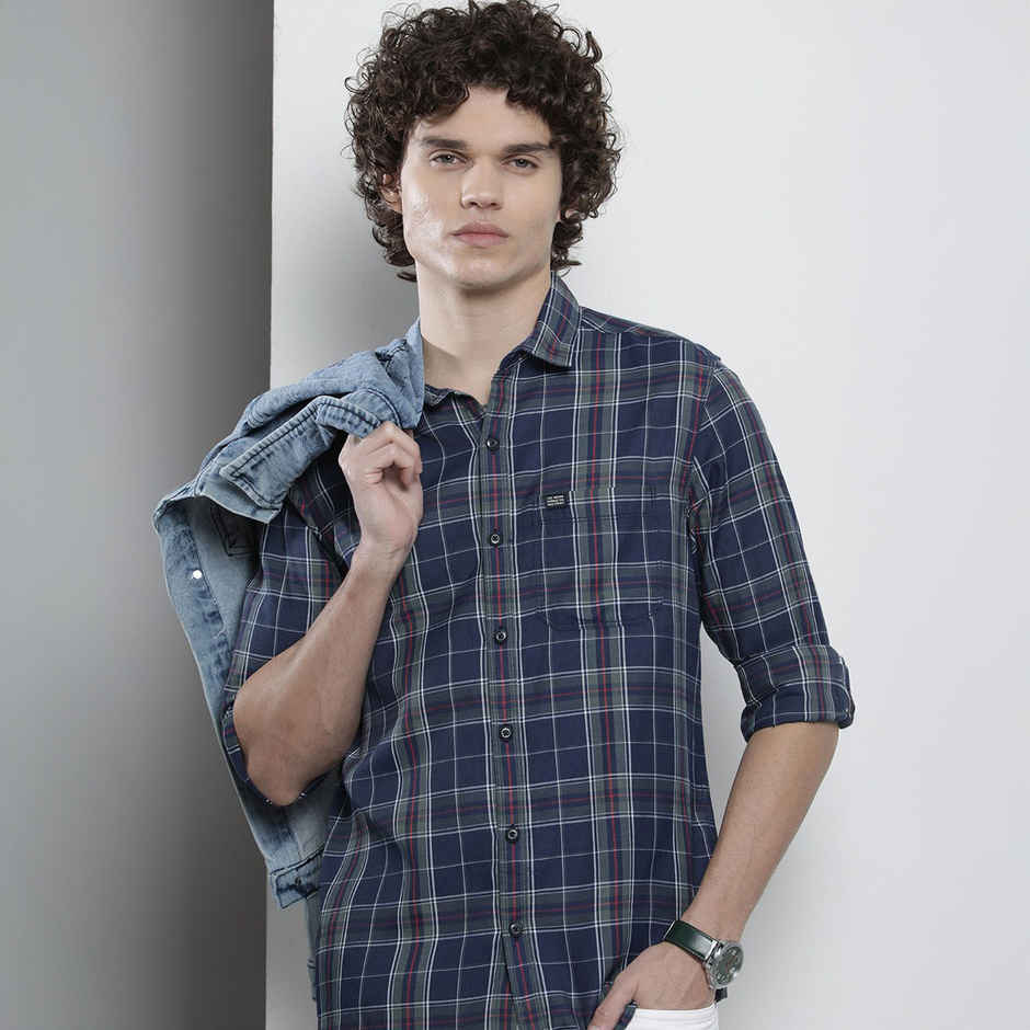 The Indian Garage Co Men's Regular Fit Checkered Casual Shirt | Navy - 2XL