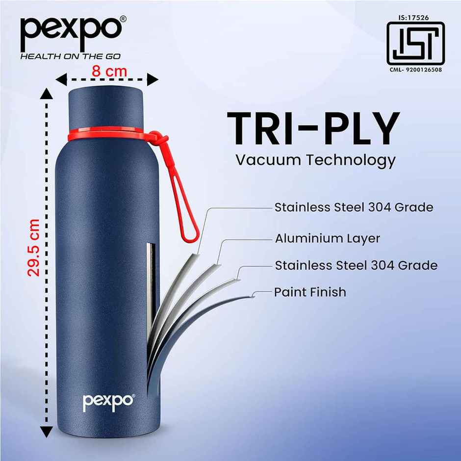 Pexpo Stainless Steel Bravo Hot & Cold Isi Certified Flask | Denim Blue | 1 L