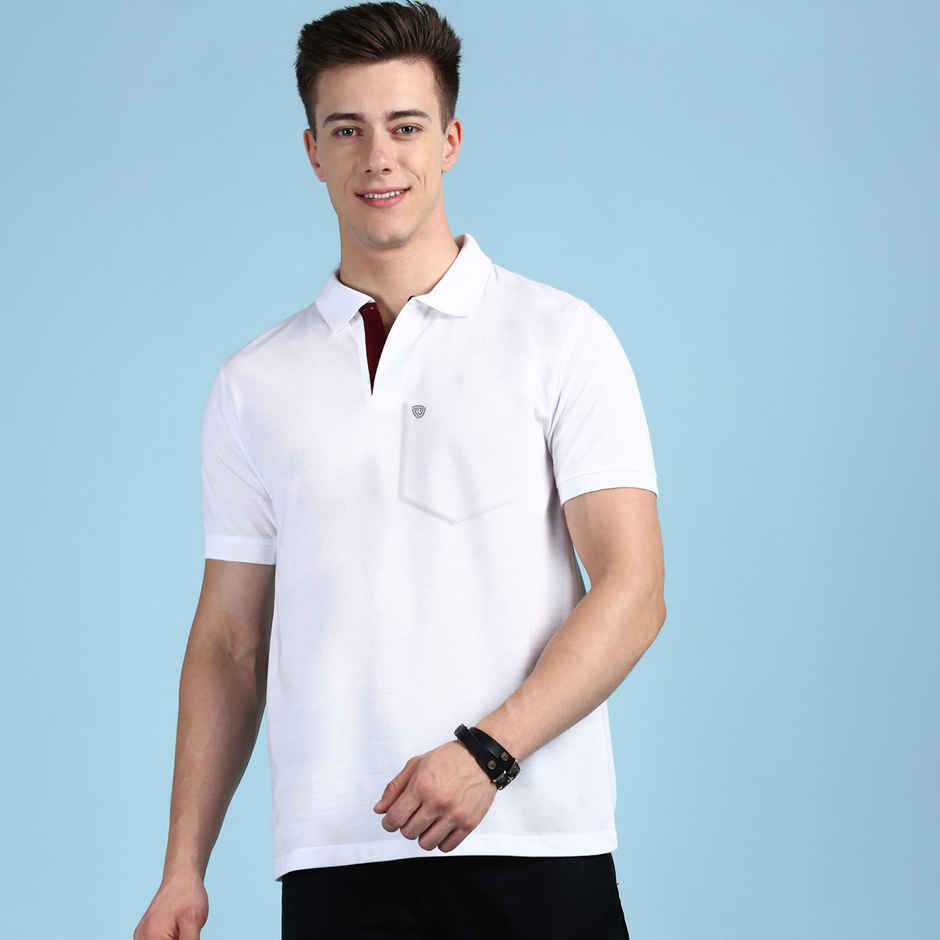 Lux Cozi Men's Solid Cotton Polo T-shirt with Pocket | White - M