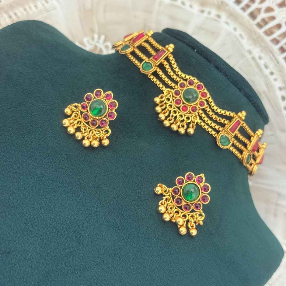 The Opal Factory Choker Necklace Set | Red and Green Stone Work Flower Design Motifs and Earrings