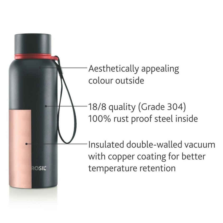 Borosil Hydra Trek Water Bottlw - 700 ml | Black | Stainless Steel Double Wall Vacuum Insulated Flask