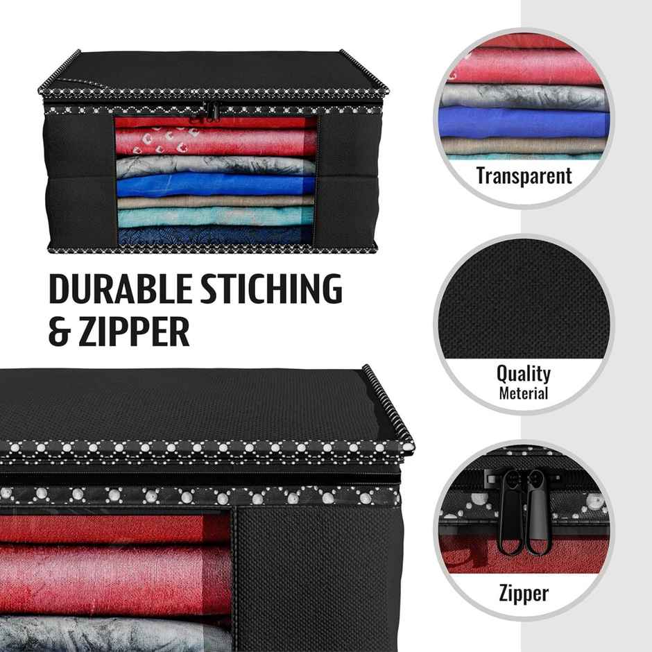 Kuber Industries Pack of 3 Non Woven Saree Cover for Wardrobe with Transparent Window (Black)
