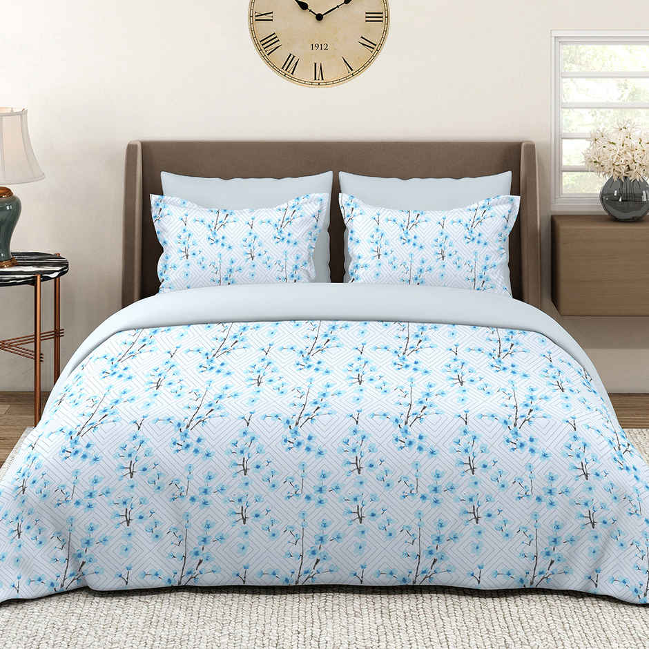Layers Lumina Floret 100% Cotton 144 TC Blue King Bedsheet with 2 Pillow Covers
