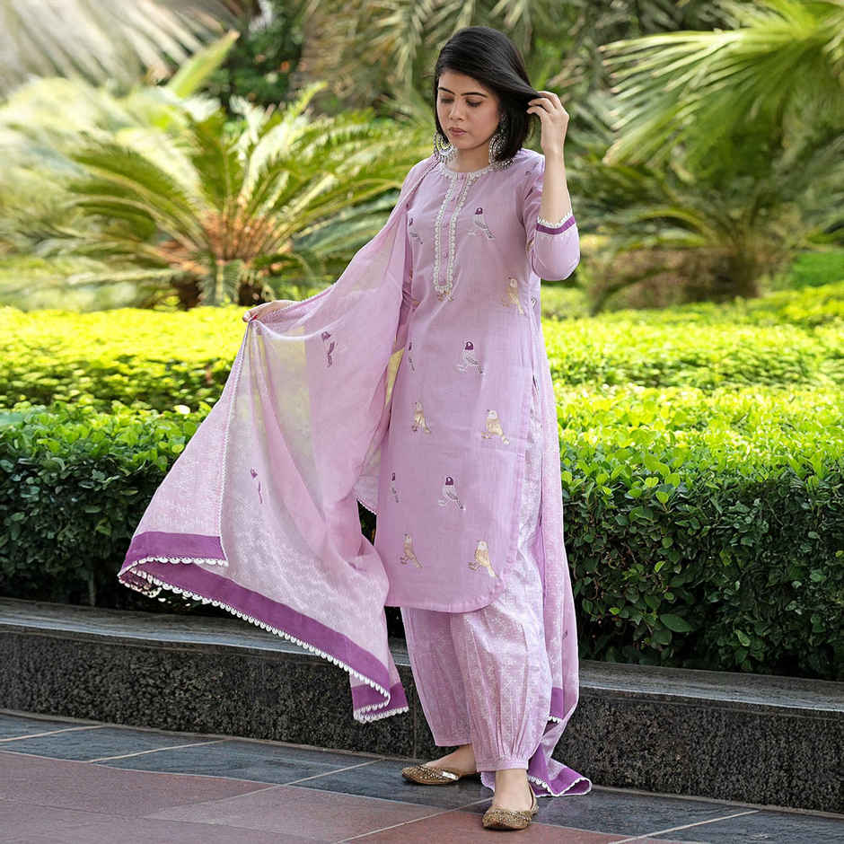 GoSriKi Women's Rayon Blend Straight Embroidered Kurta with Pant & Dupatta | RAGSRI | Purple - XL