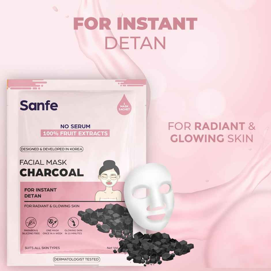 Sanfe Instant Detan Charcoal Face Mask | 100% fruit extracts, Korean Mask