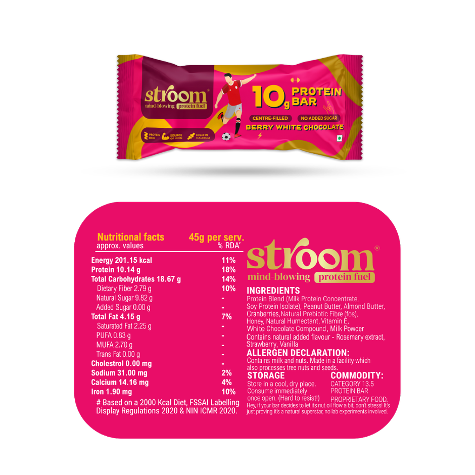 Stroom Berry White Chocolate 10G Protein Bar (45g) & Stroom Exotic Mango Coconut Protein Bars (45g) Combo