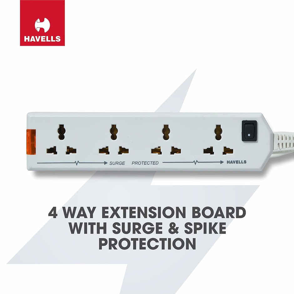 Havells 4 Way Extension Board With Surge & Spike Protection|For Power Requirements Up To 1440W |1.5 Mtr ISI Certified Copper Wire| LED Indicator | Rating -6A, 240V | Home & Office Use, 10 Volts - White