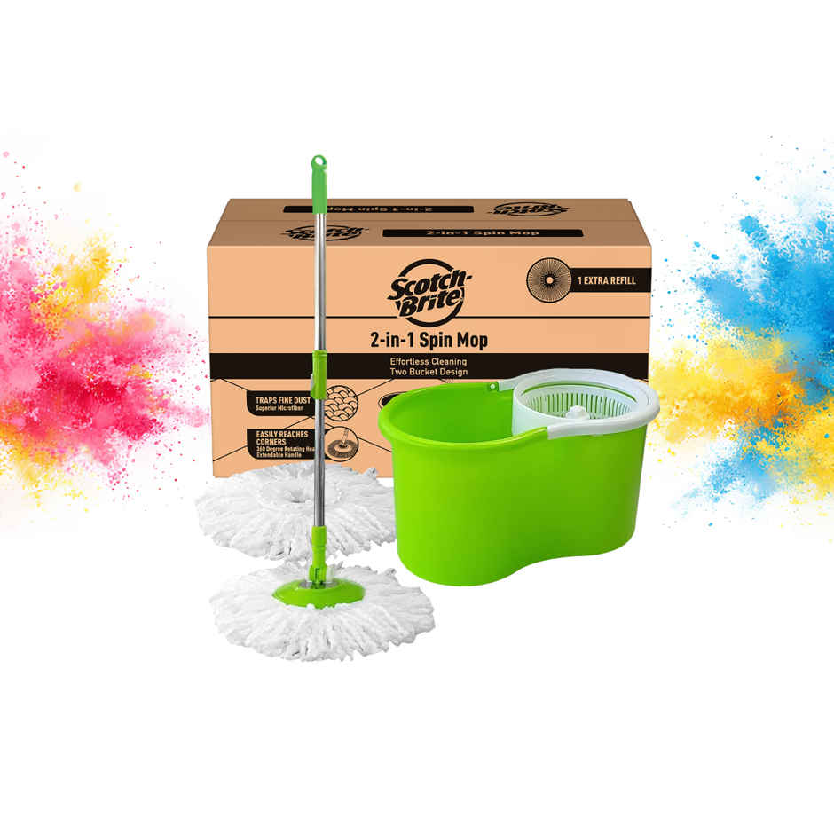 Scotch-Brite Twin Bucket Spin Mop (Green, 2 Refills)