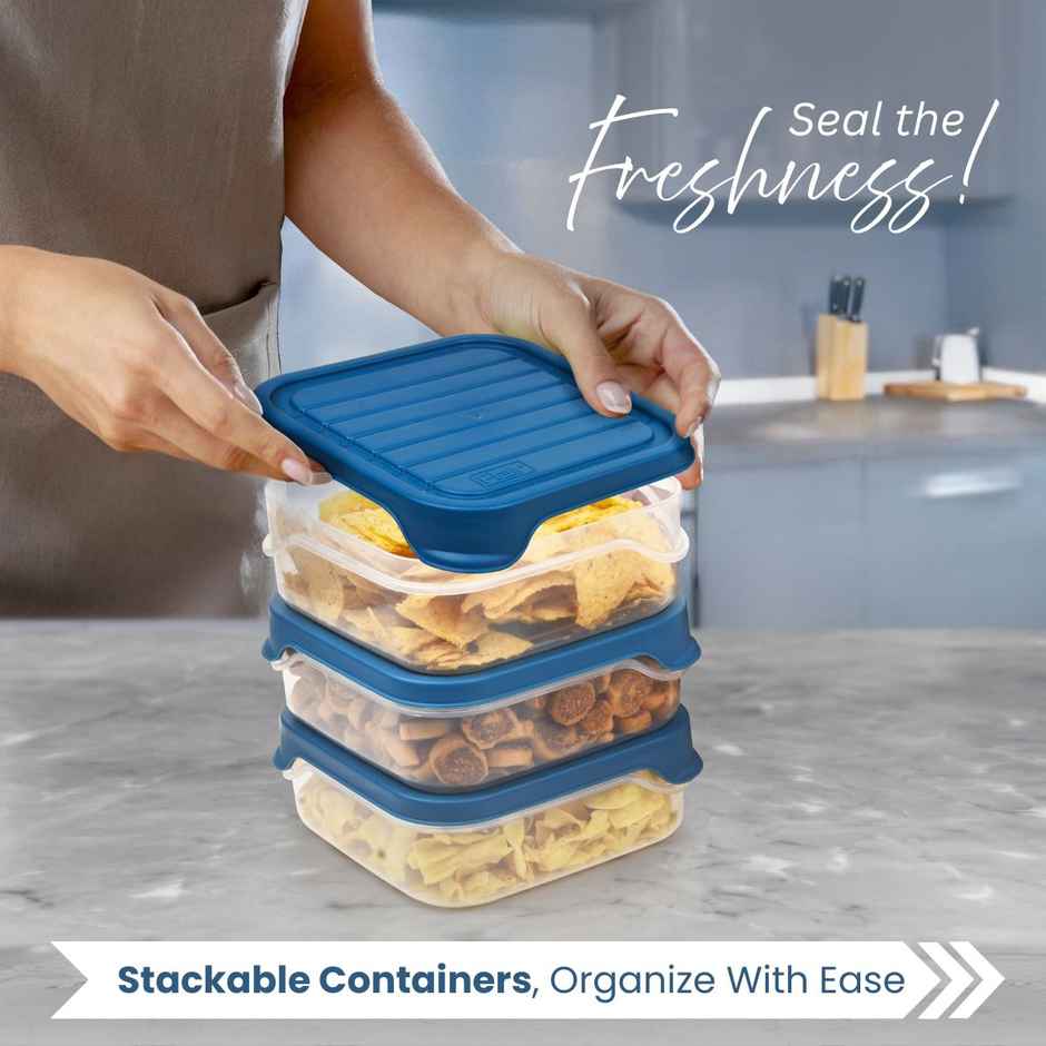 Flair Plastic Storewell Square Food Storage Containers 550Ml - Set Of 3, (Blue), Food Grade
