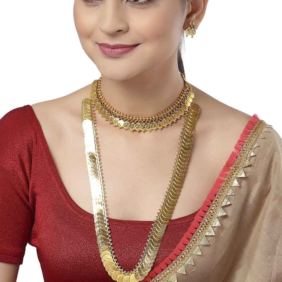 Zeneme Gold-Plated Temple Coin Jewellery Set For Women & Girls