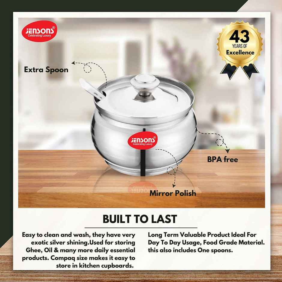 Jensons Stainless Steel Ghee Pot with Lid | Kitchen Storage Container |Ideal For Pooja |Cap 200ml