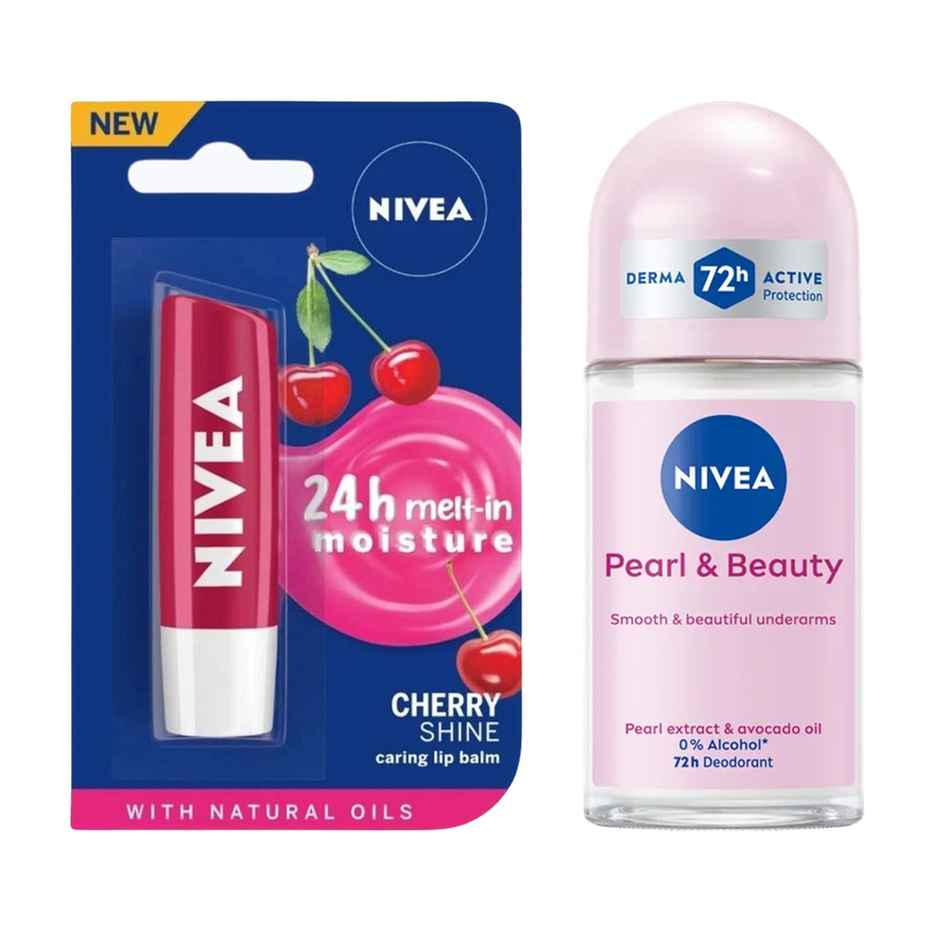 Nivea Cherry Shine Lip Balm (4.8g) & Nivea Deo Roll On Pearl Beauty Underarms 72H Protection (50ml) Combo