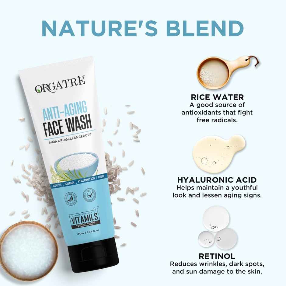 Orgatre Anti Aging Face Wash With Rice Water Collagen Hyaluronic Acid Retinol