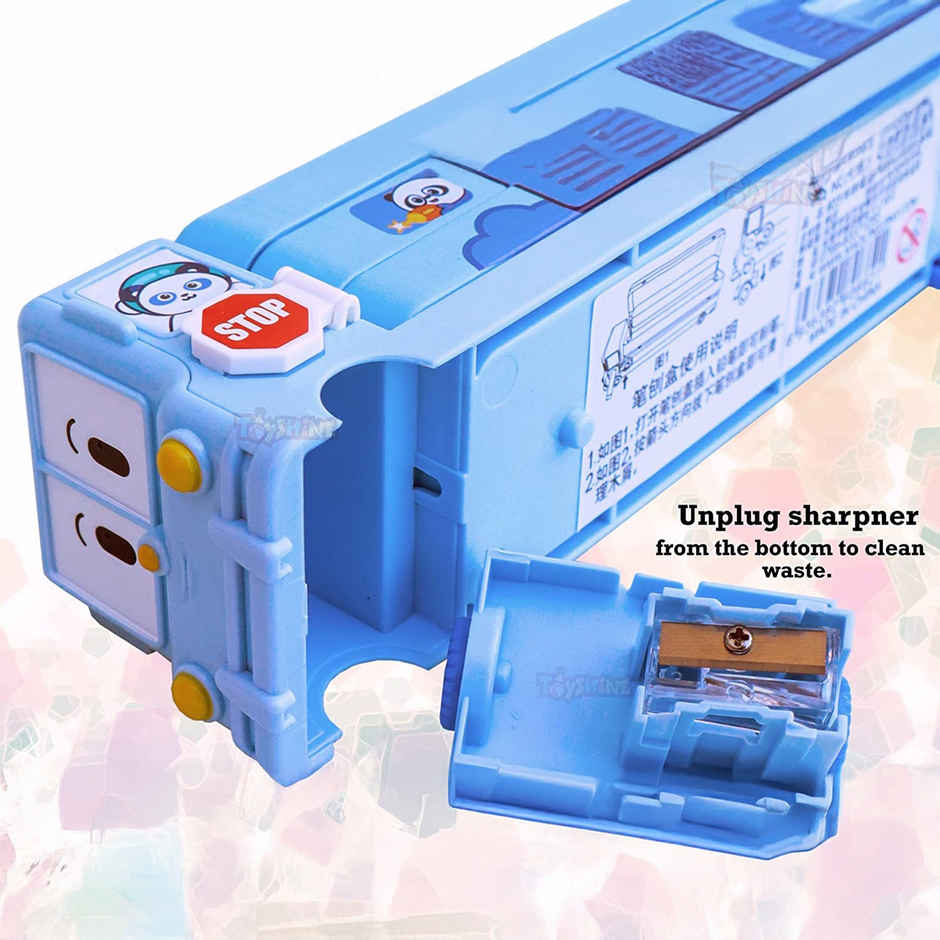 Toyshine Cartoon Printed School Bus Metal Pencil Box With Moving Tyres And Sharpener For Kids - Blue