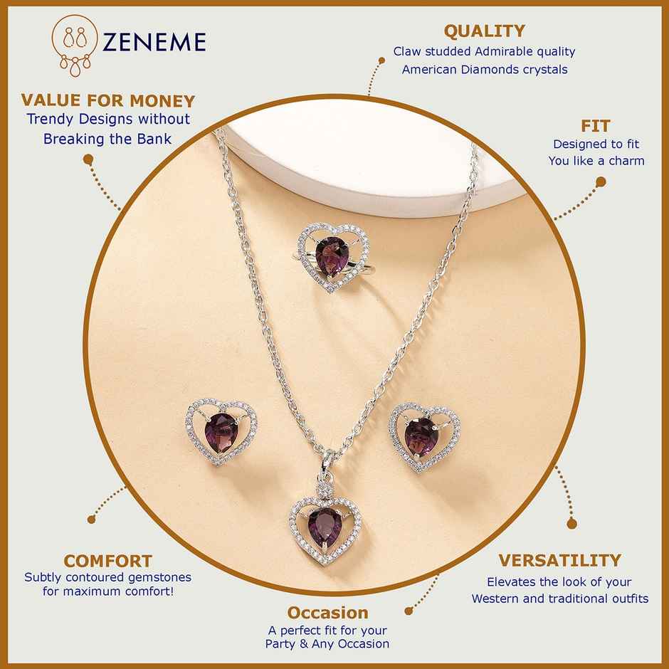 Zeneme Silver-Plated AD Studded Crystal Purple Heart Necklace Earrings Ring For Women & Girls