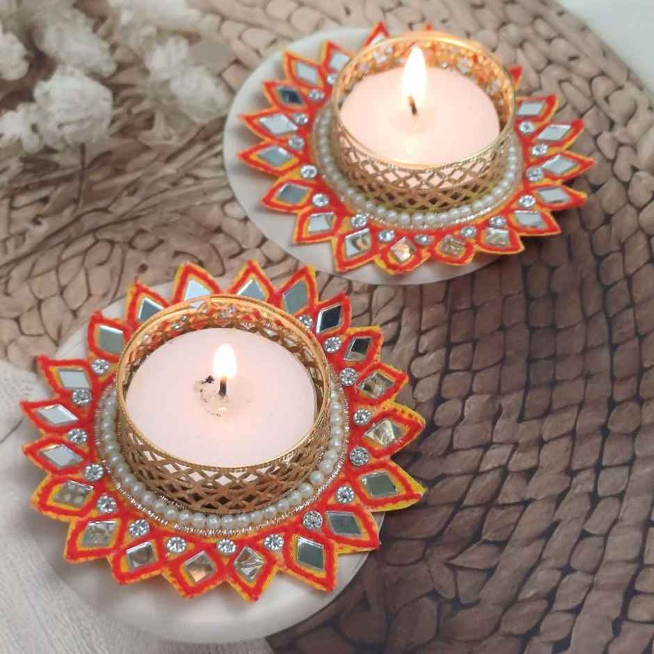 Kundan And Mirror Work Flower T-Light Holders | Pack Of 2 | Gullak