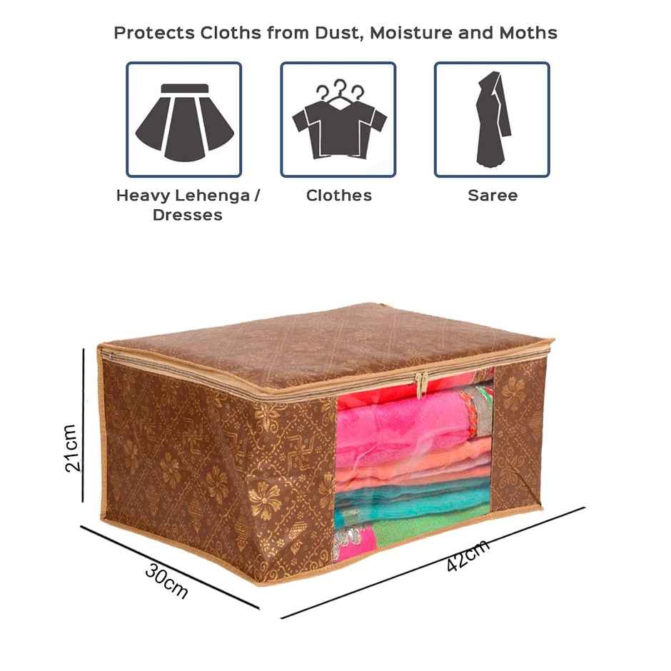 Perpetual Saree Organizer - Foldable Cover with Zip | Transparent Window | Brown | Pack of 4