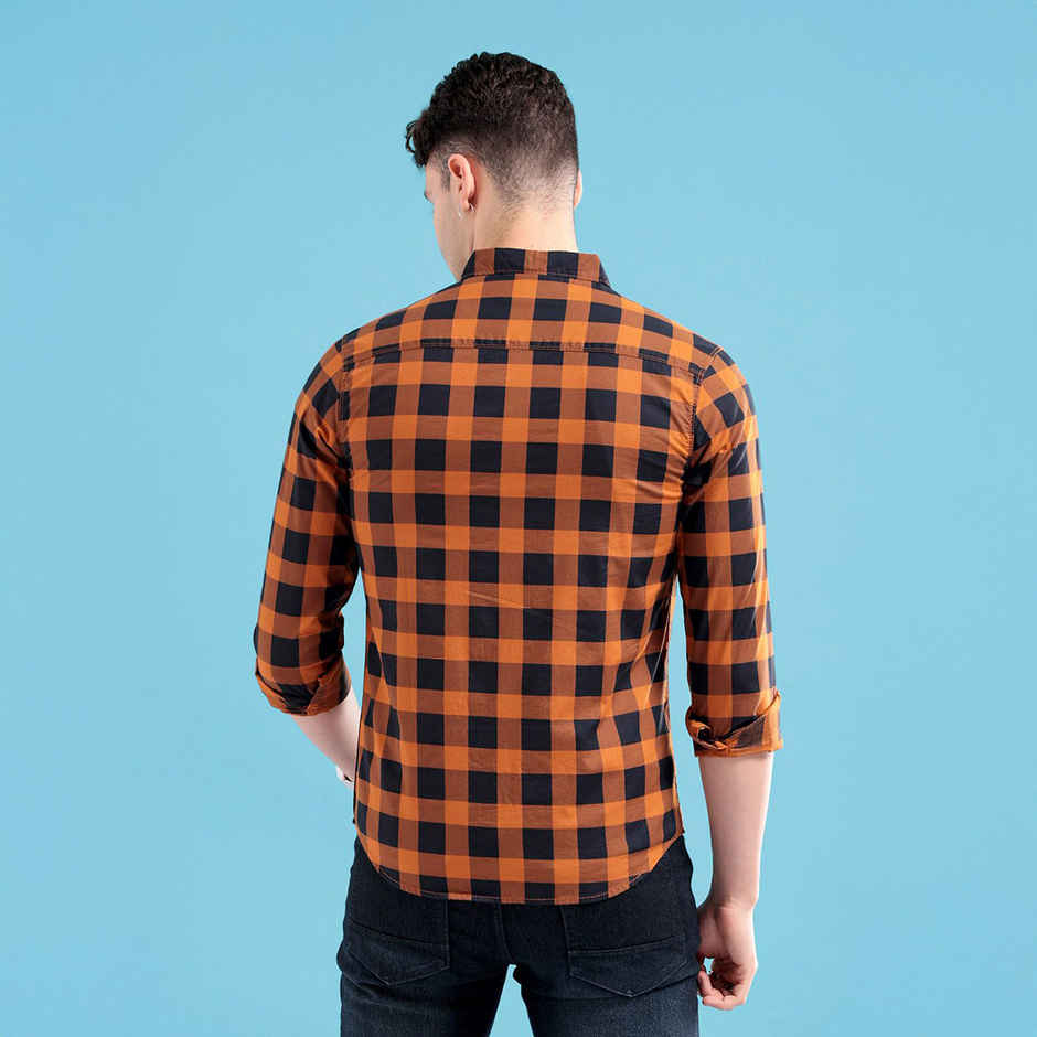 The Indian Garage Co Men's Slim Fit Checkered Casual Shirt | Mustard - S