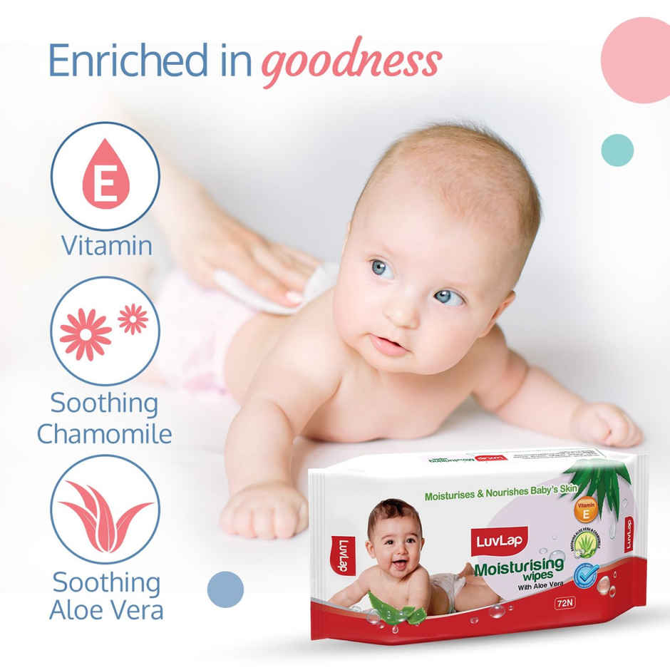 LuvLap Moisturising Wet Wipes without Lid, with Aloe Vera, Vitamin E & Chamomile (72x3) Wipes
