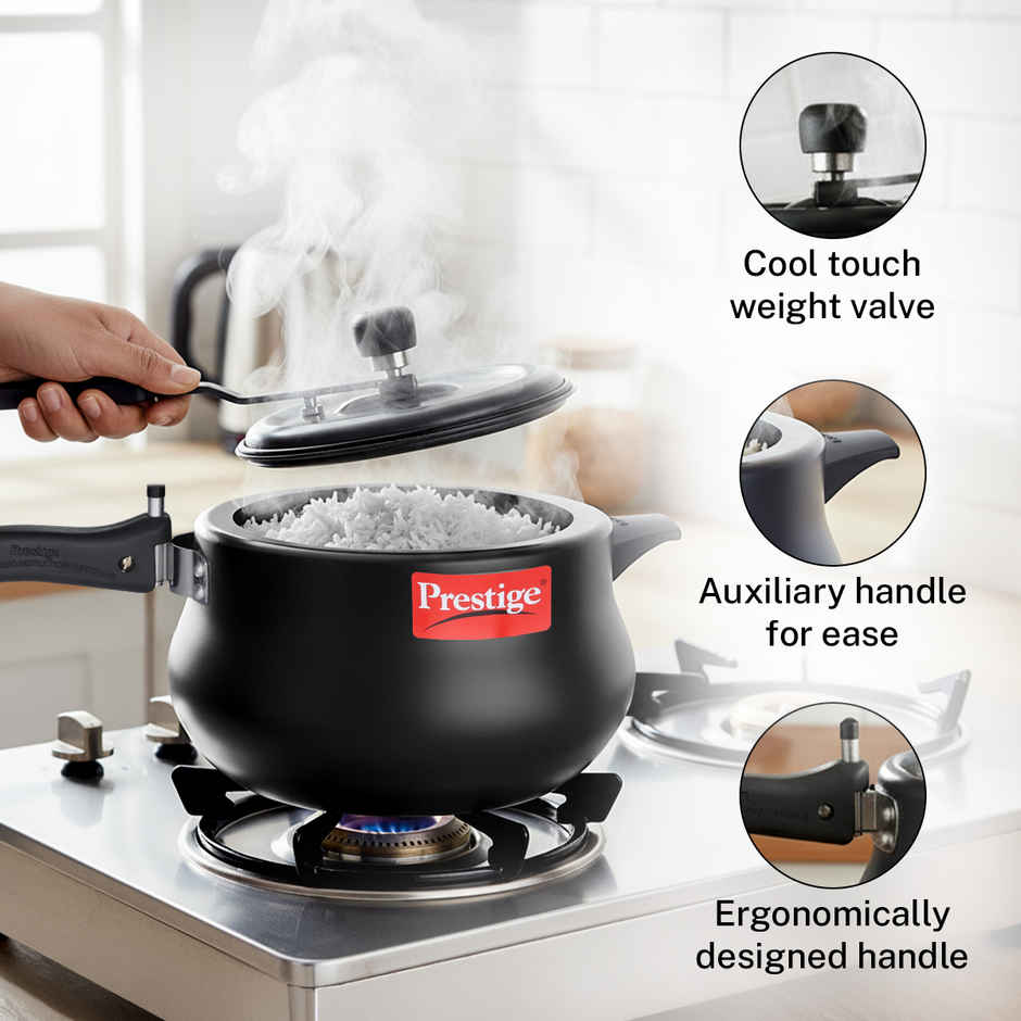 Prestige Nakshatra+ SvachhHA AluminiumHandi PressureCooker 5L,Metallic Safety Plug,5Y Warranty,Black