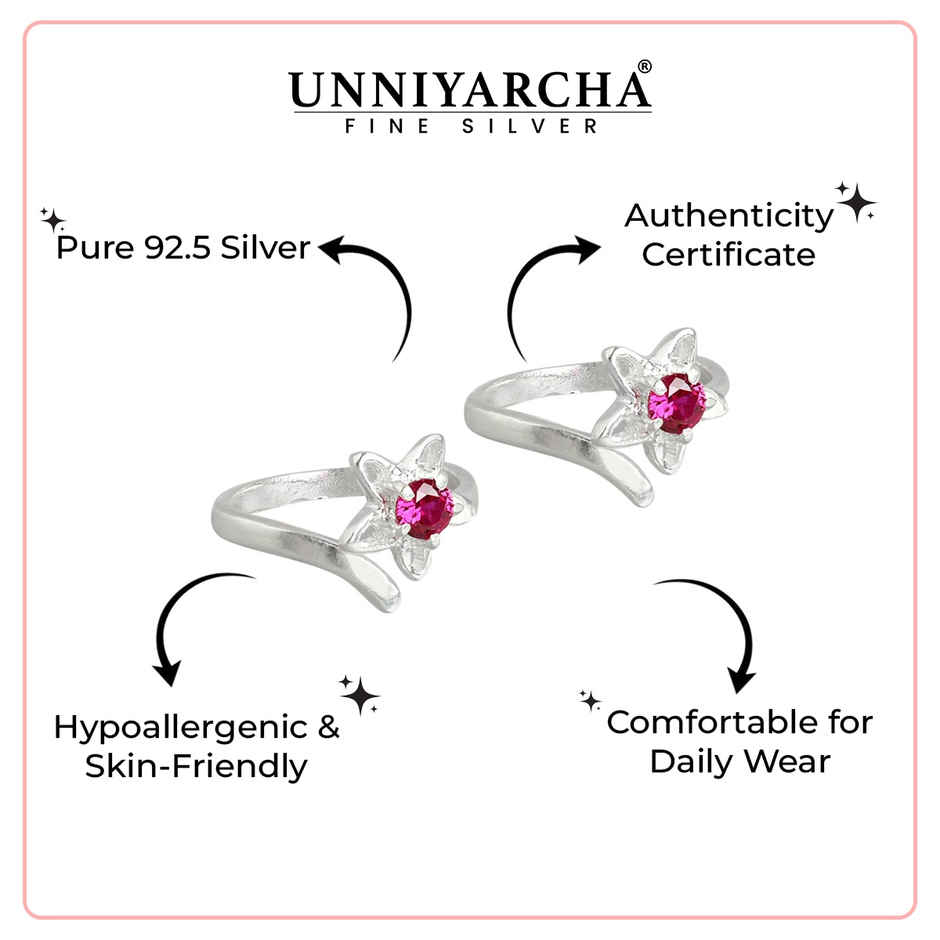 Unniyarcha 92.5 Silver Pink Stone Toe Ring