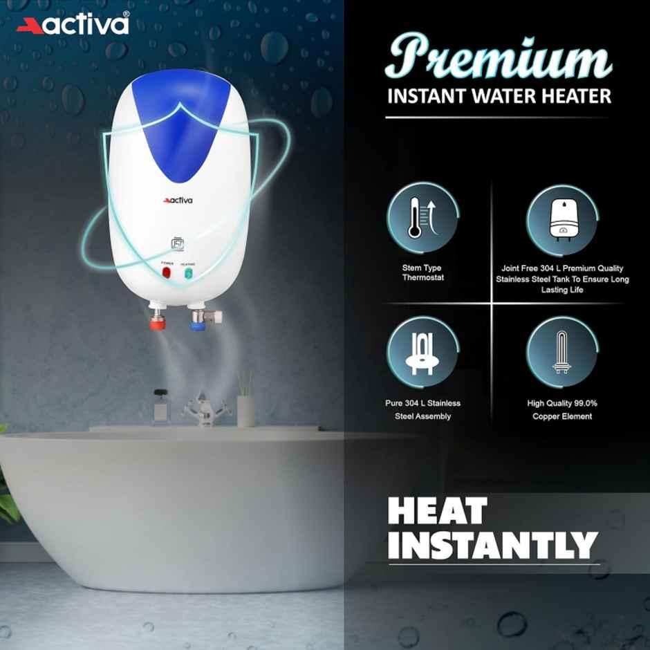 Activa Instant 3Ltr 3 Kva Special Anti Rust Coated 0.7Mm Ss Tank Wall Mount Geyser - White