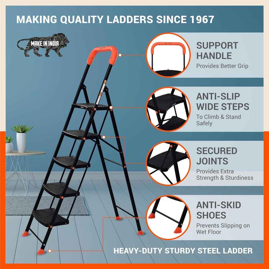 Bathla 5-Step Steel Ladder | Safety Hand Grip, Wide Anti-Slip Steps | Ascend | Orange & Black