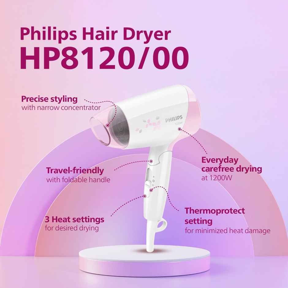 Philips India's No.1 Hair Styling Brand-Foldable Hair Dryer 1200W|HP8120 Pink,White|For Indian Hair